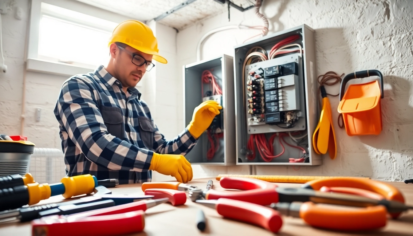 Electrician performing an Electrical Panel Upgrade with modern tools and safety gear in a well-lit setting.