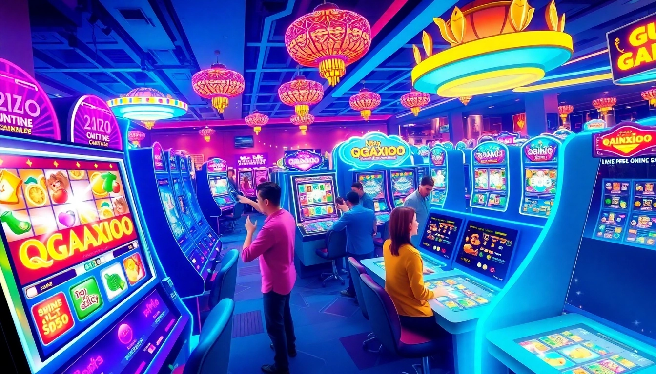 Mainkan QQAXIOO slot yang menarik di dalam suasana kasino yang meriah dengan banyak pemain.