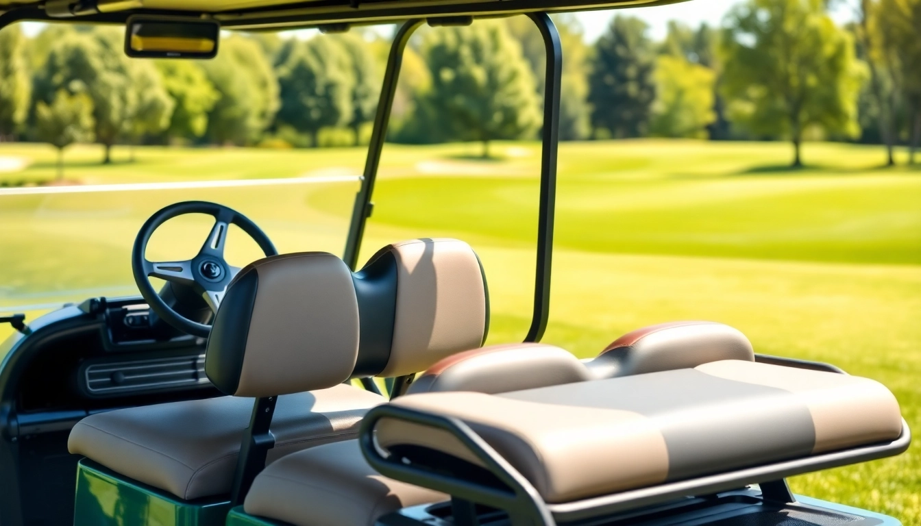 Showcase vibrant golf cart accessories including custom wheels and comfortable seats for enthusiasts.