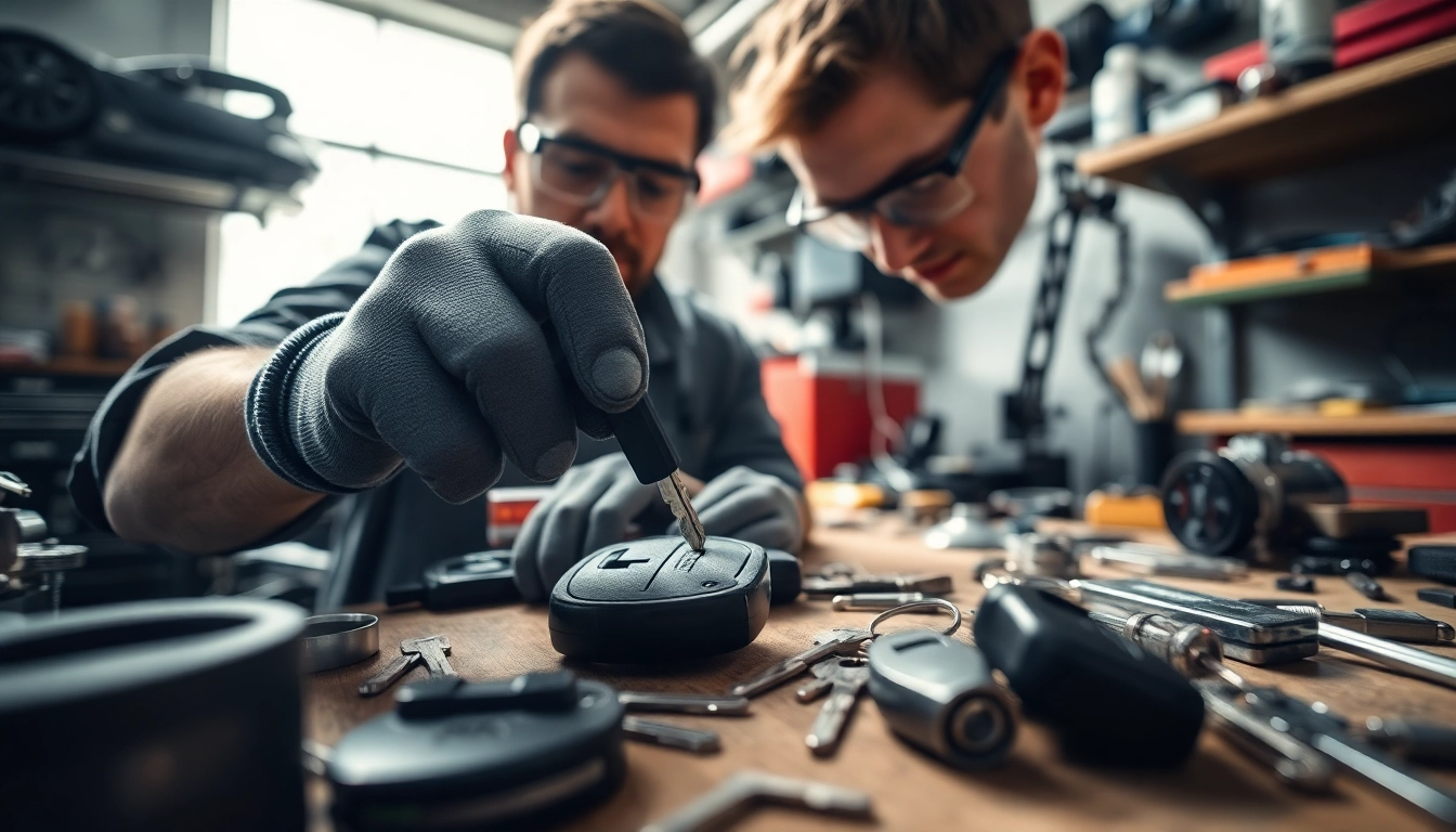 Locksmith replacing lost car keys in a modern workshop, showcasing expertise and precision.