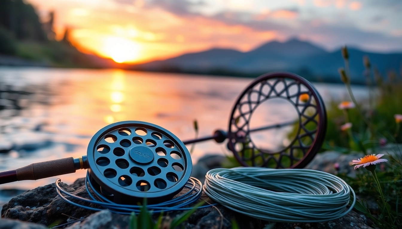 Showcasing a fly fishing line along a serene riverbank at sunset, highlighting its details.