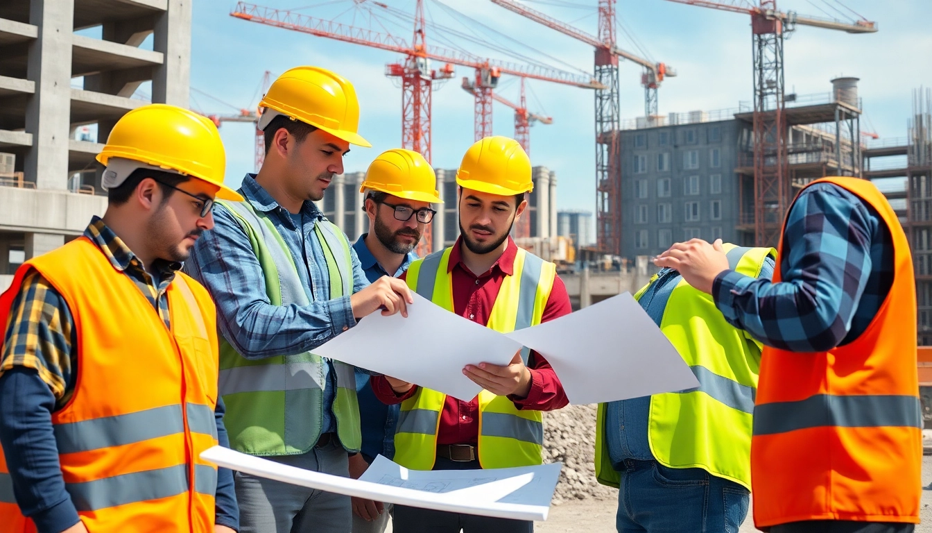 Highlighting careers in construction, professionals collaborate on a busy site, showcasing teamwork and dedication.