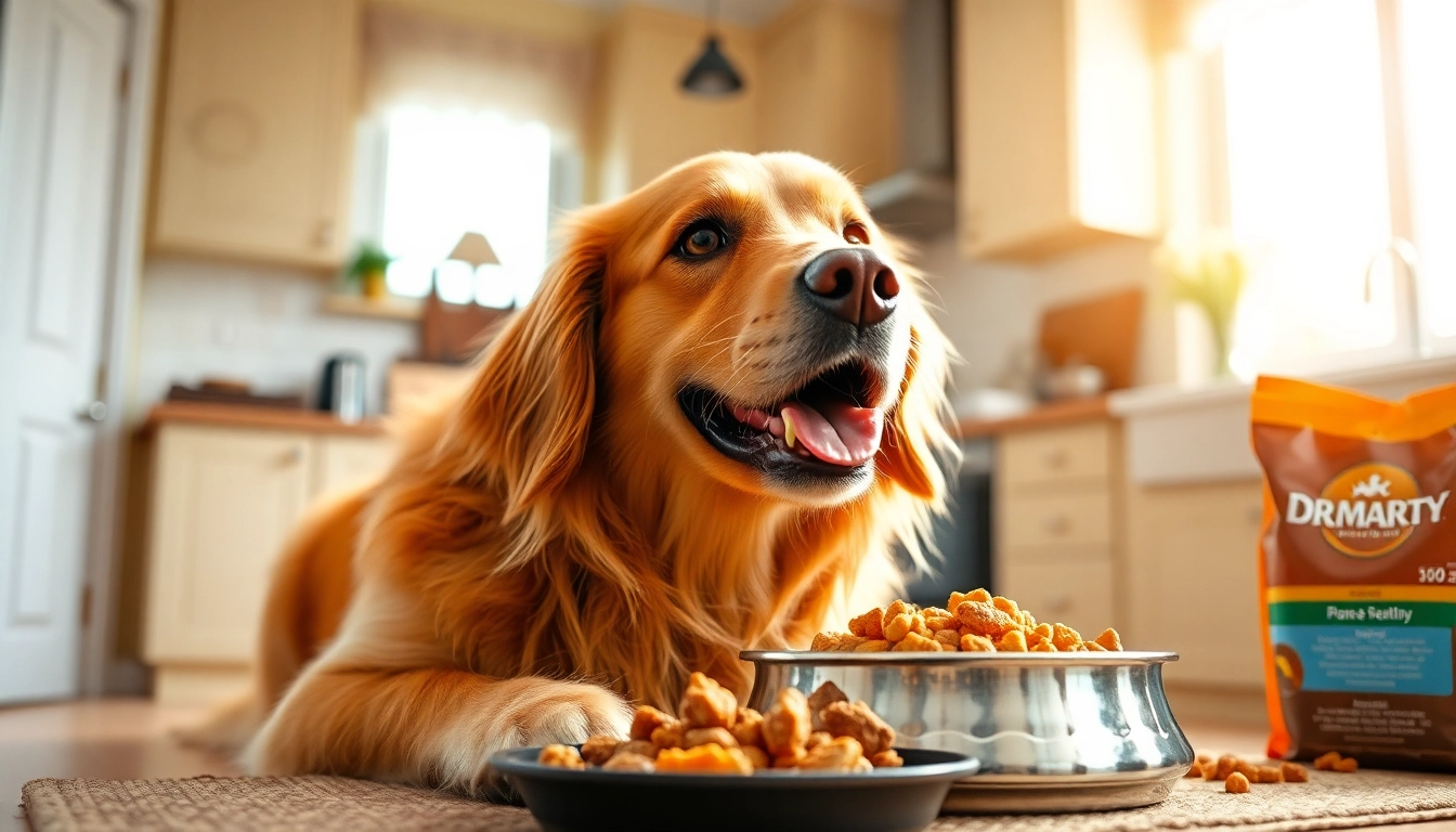 Golden retriever indulging in dr marty pet food canada, showcasing joy and nutrition.