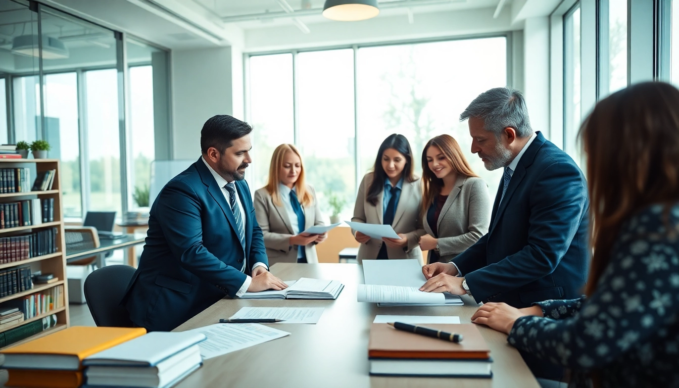 Consulting on agricultural law with a diverse team in a bright, modern office setting.