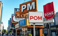 Create unique pm signs in an urban setting, showcasing craftsmanship and diverse styles of signage.