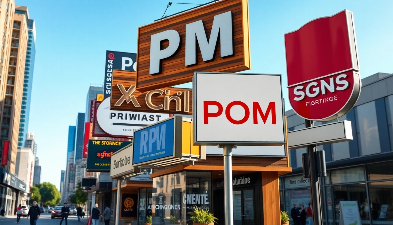 Create unique pm signs in an urban setting, showcasing craftsmanship and diverse styles of signage.
