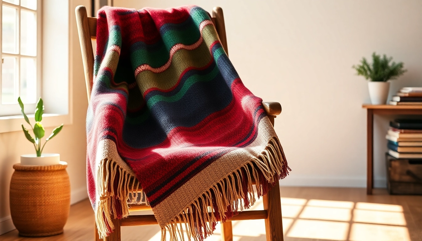 Showcase a cozy Falsa Blanket highlighting vibrant patterns and textures over a rustic chair.