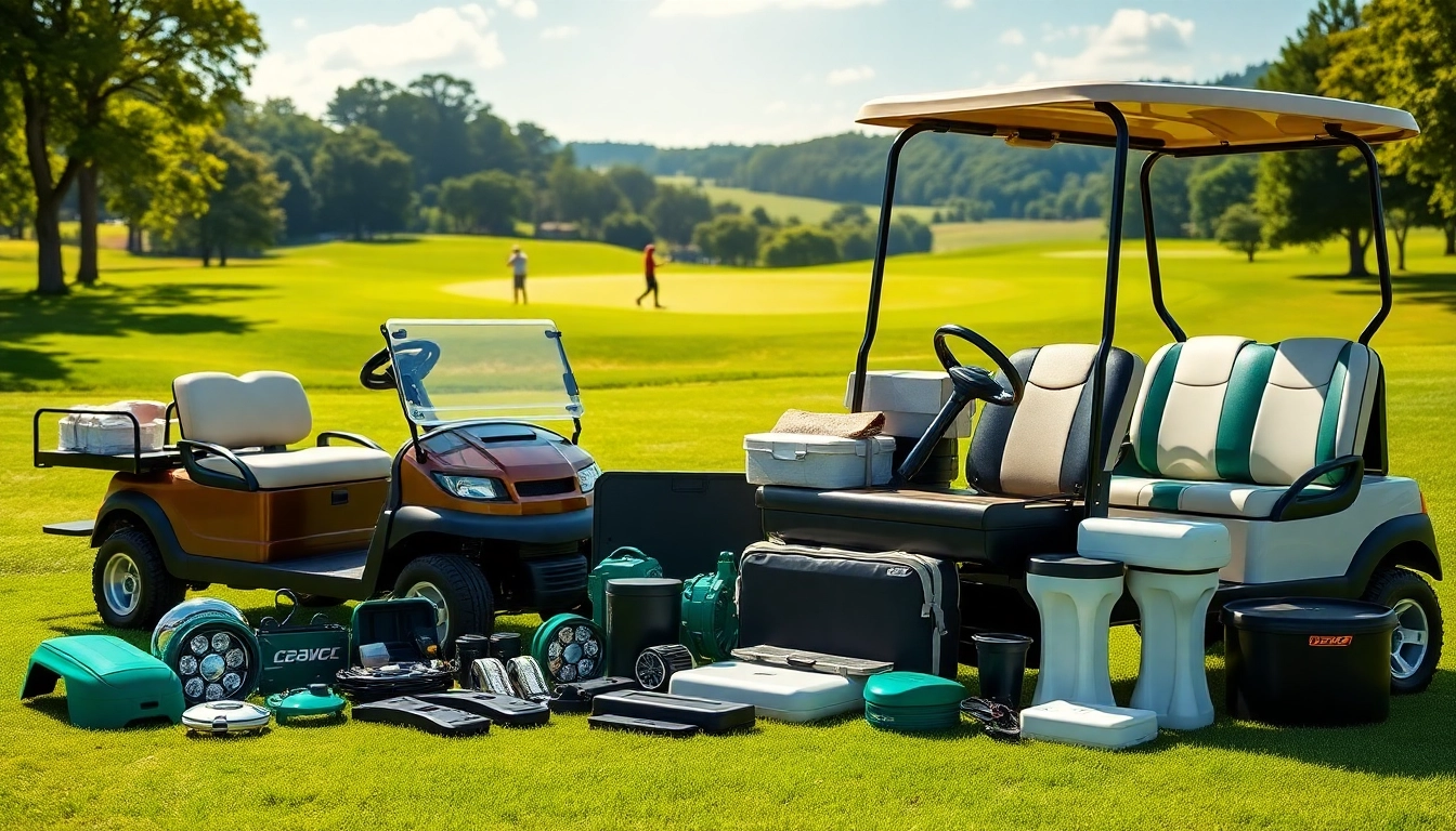 Showcase of golf cart accessories like custom seats and headlights for improved performance.
