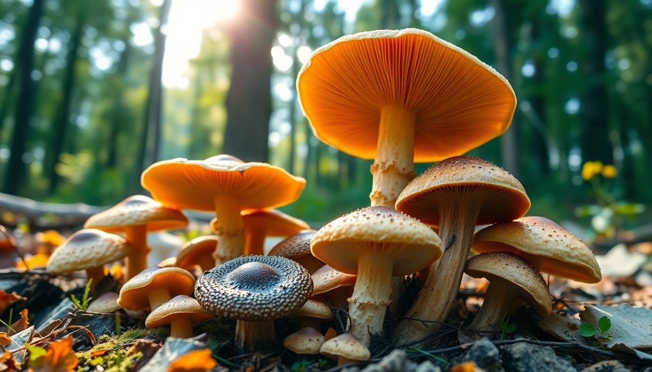 Explore the benefits of Mushroom Complex with a vibrant forest backdrop and rich mushroom textures.