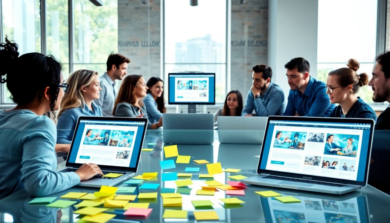 Create visually engaging web design and seo services with a collaborative team in a bright office.