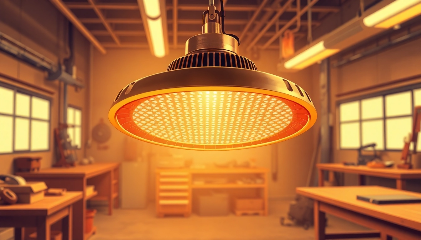 An advanced infrared heating lamp enhancing industrial efficiency in a workshop.