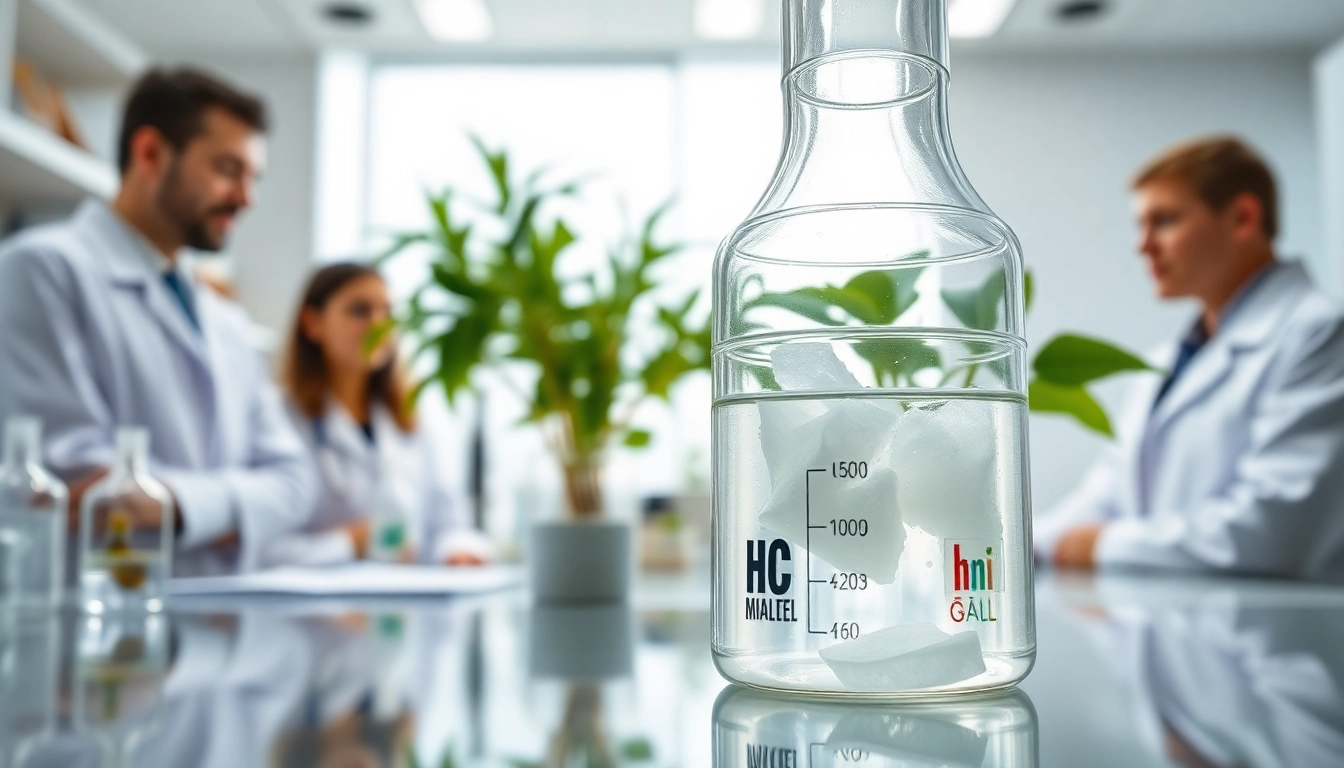 Formulating Hydroxyethyl Cellulose gel in a laboratory with focused scientists in the background