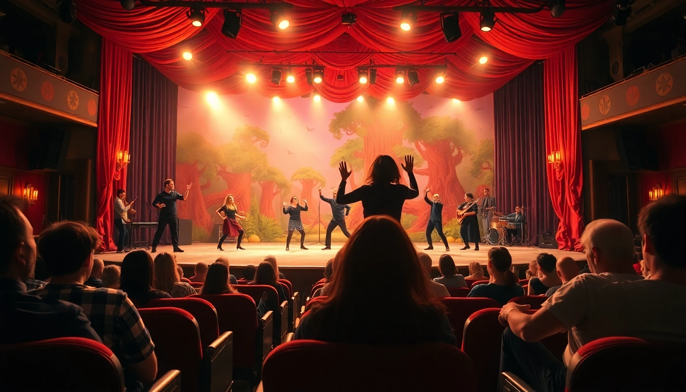 Experience the warmth of firelight theater with performers on stage, captivating the audience.