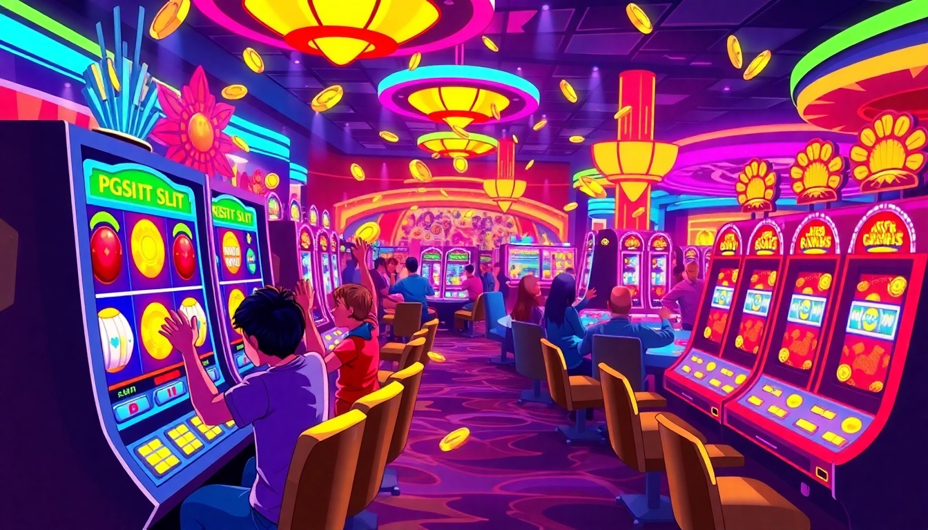 Players enjoying pgslot in a vibrant casino with exciting slot machines and bright celebrations.