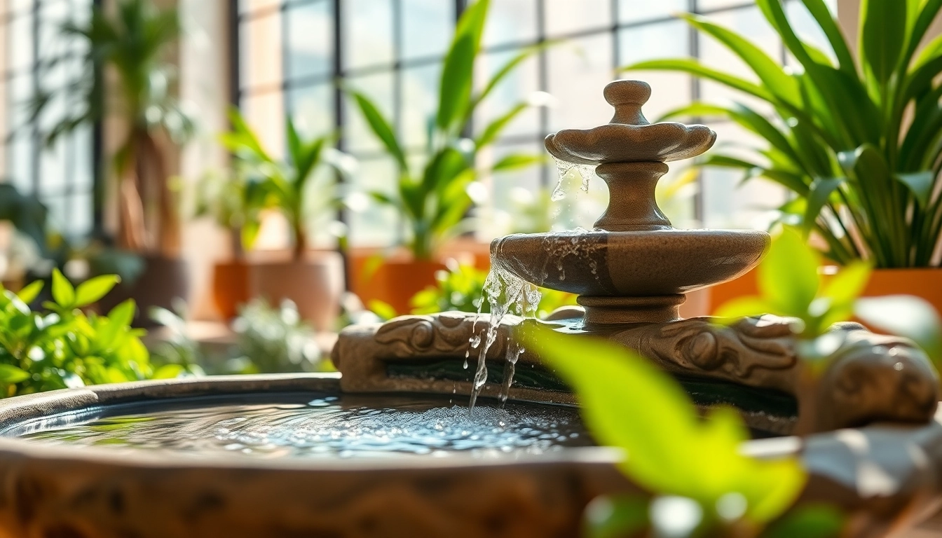 Décoration de fontaine élégante avec une douce lumière naturelle et des plantes vertes luxuriantes.