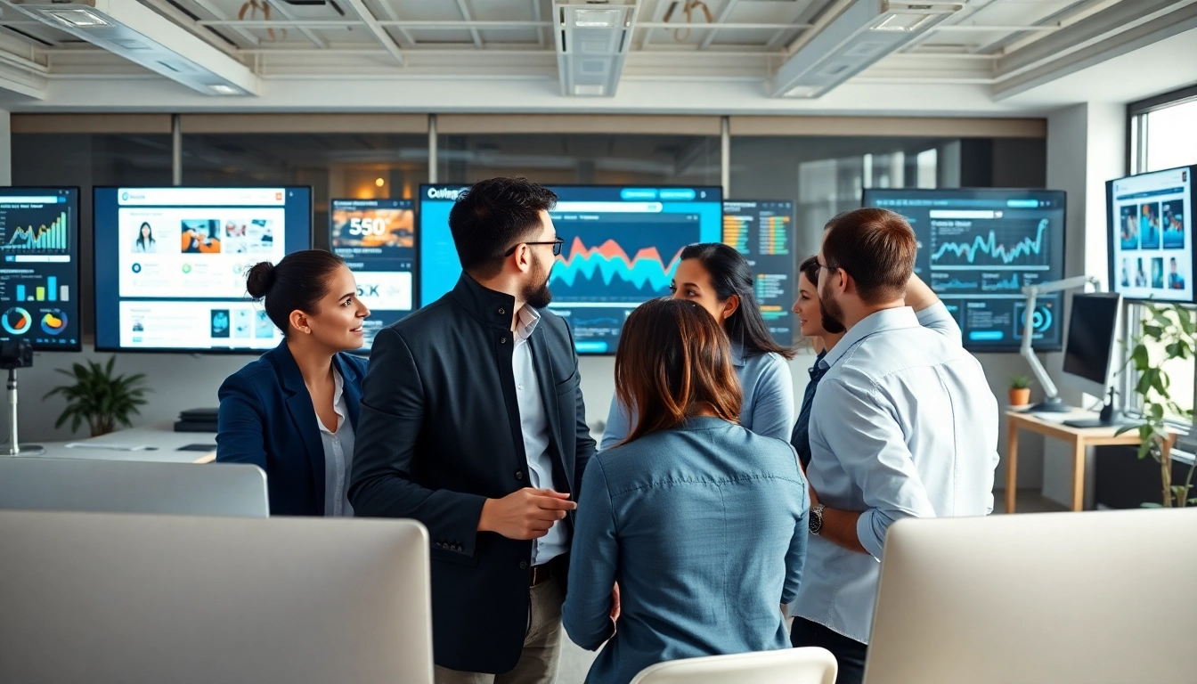 Engaging collaboration among designers at seo and web design companies in a modern office.