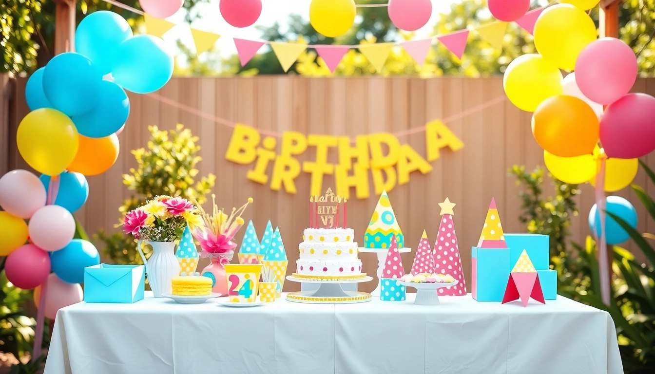 Set up for a customizable birthday party featuring vibrant decorations and party supplies.
