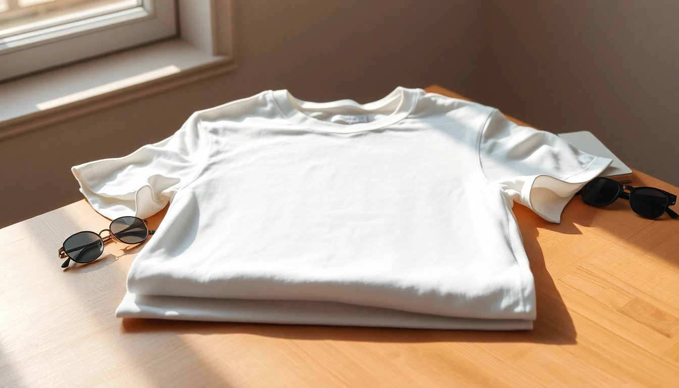 Showcasing a blank white t shirt on a wooden table, emphasizing its smooth texture and style.
