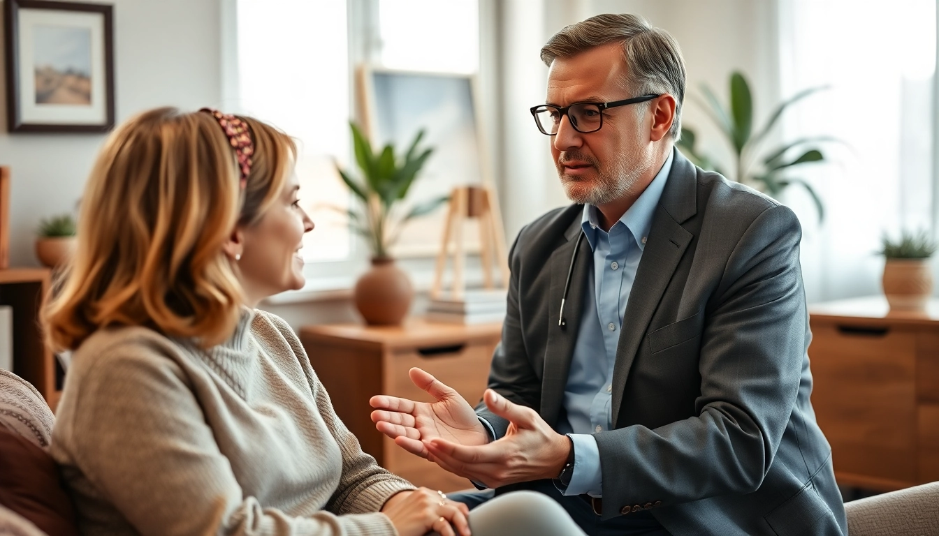 Psychiatrist attentively listening to a patient in a warm, welcoming office space.