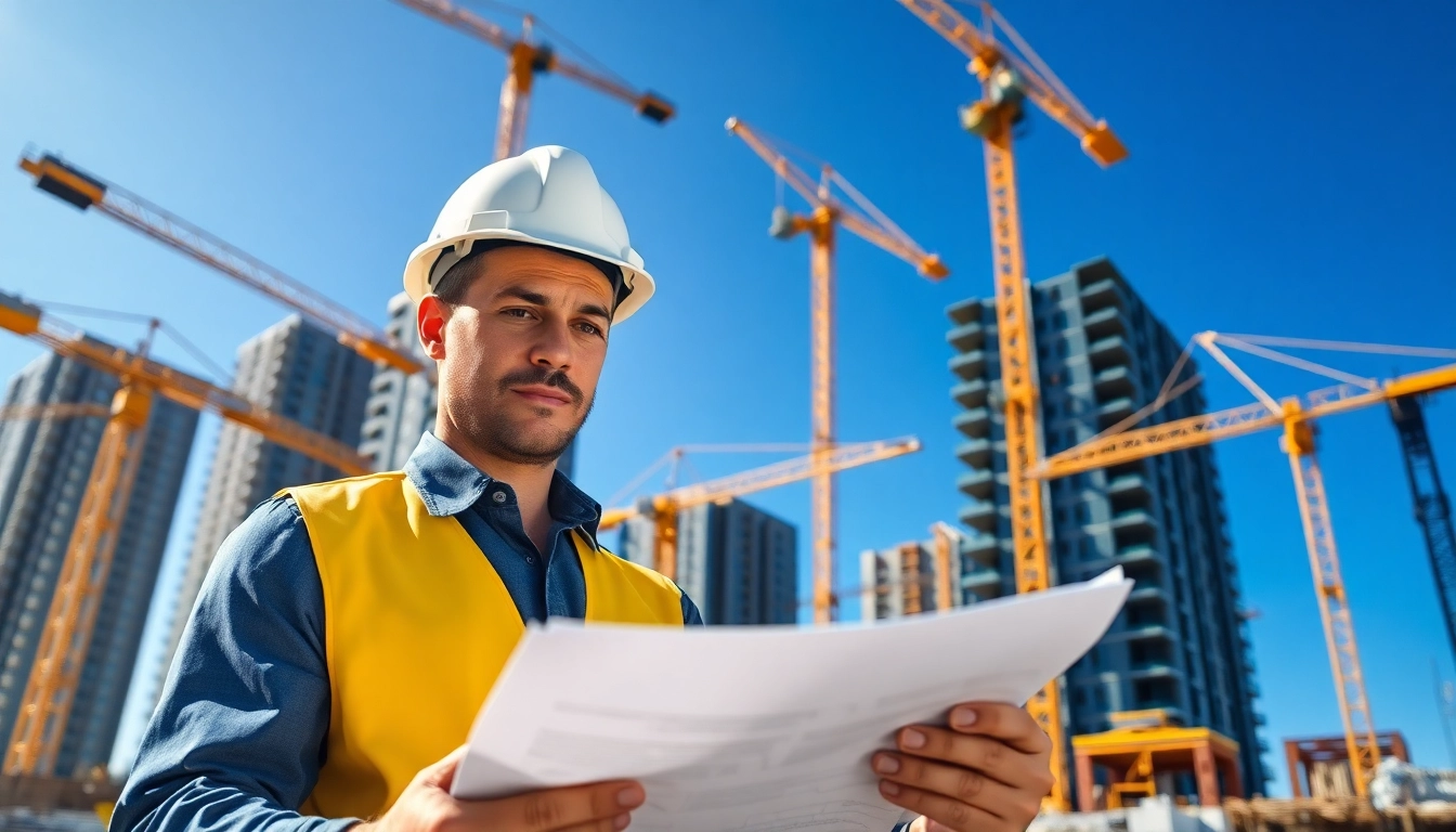 Manhattan Commercial General Contractor inspecting blueprints at a busy construction site.