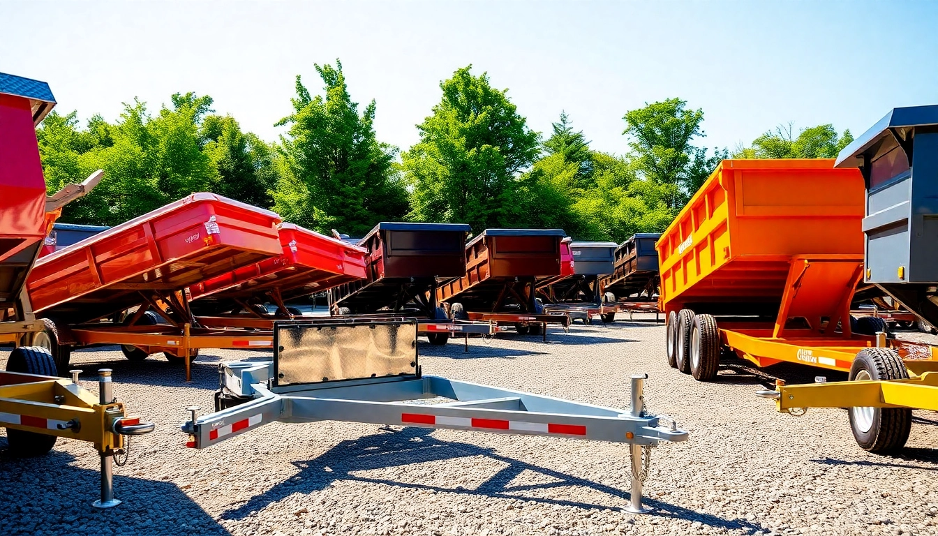 Showcases hydraulic dump trailers for sale with vibrant colors in a sunny outdoor setting.