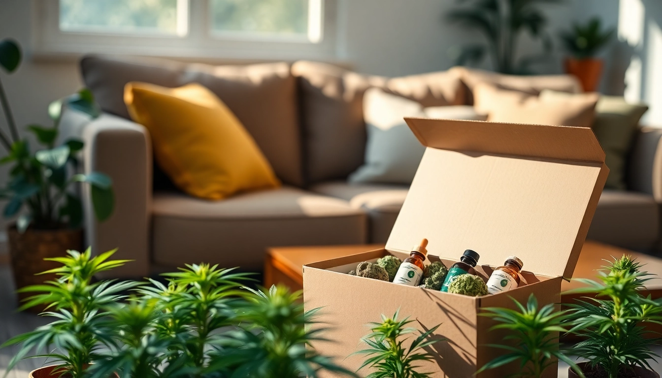 Purchase cannabis online UK with a delivery box showcasing high-quality cannabis products in a cozy setting.
