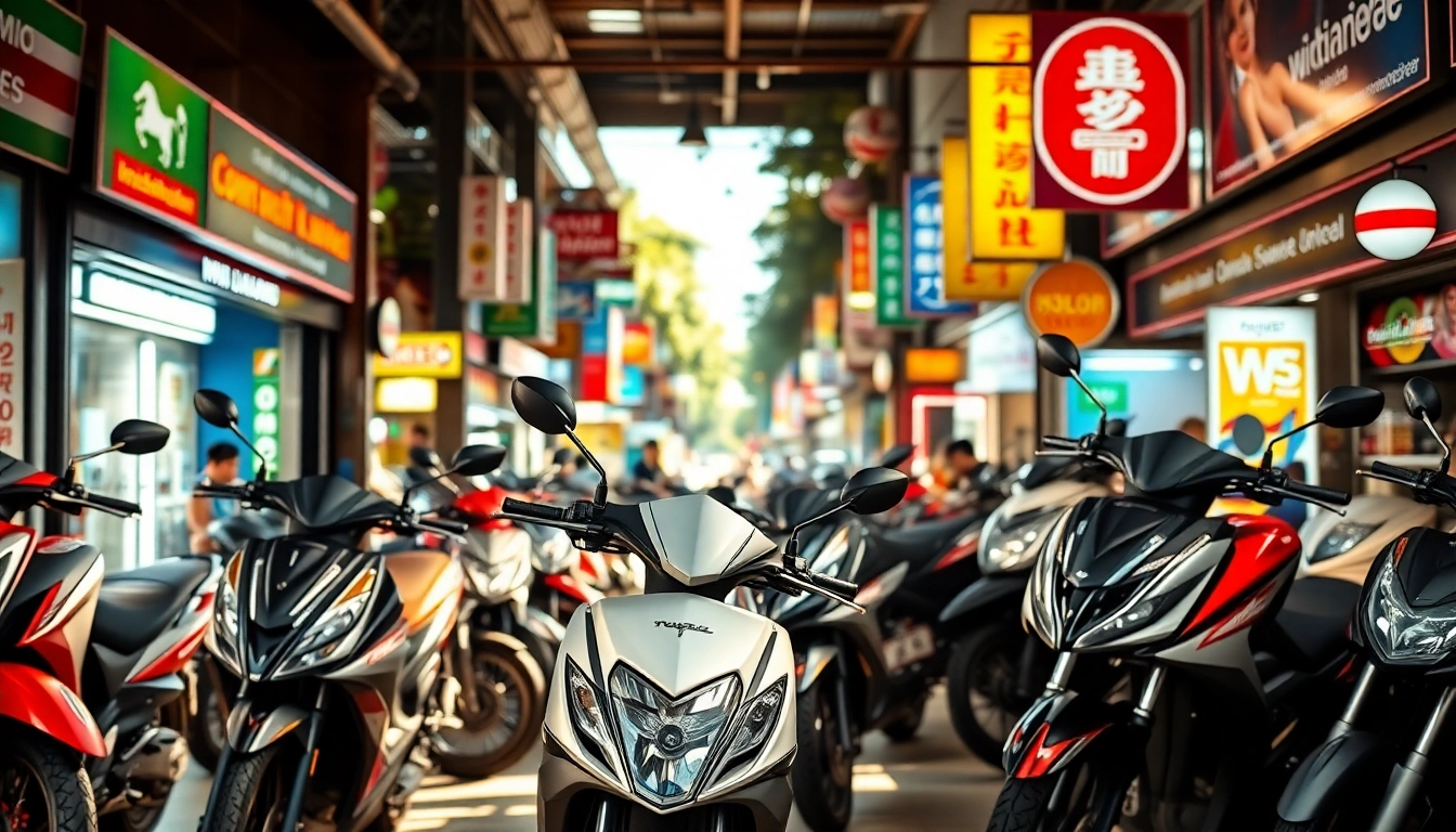 Rent motorbike Thailand at a vibrant rental shop offering various motorbikes against a bustling Bangkok backdrop.