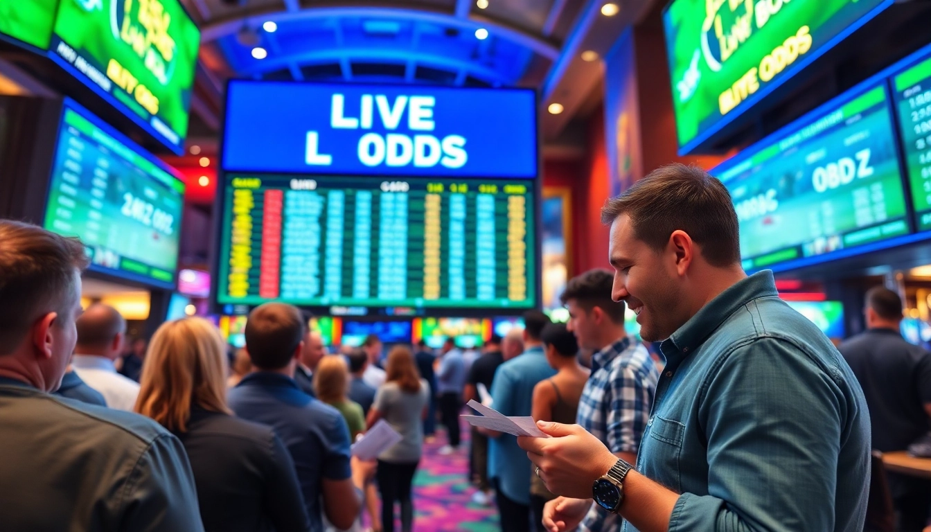 View of vibrant Live Odds on a digital display board in a lively casino setting, showing the excitement of betting.