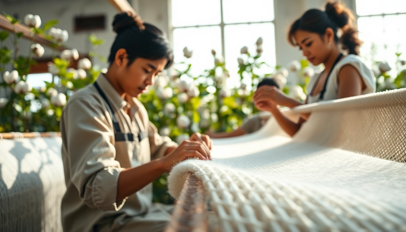 Katoen being woven into fabric in a vibrant textile workshop met kleurrijke katoenplanten op de achtergrond.