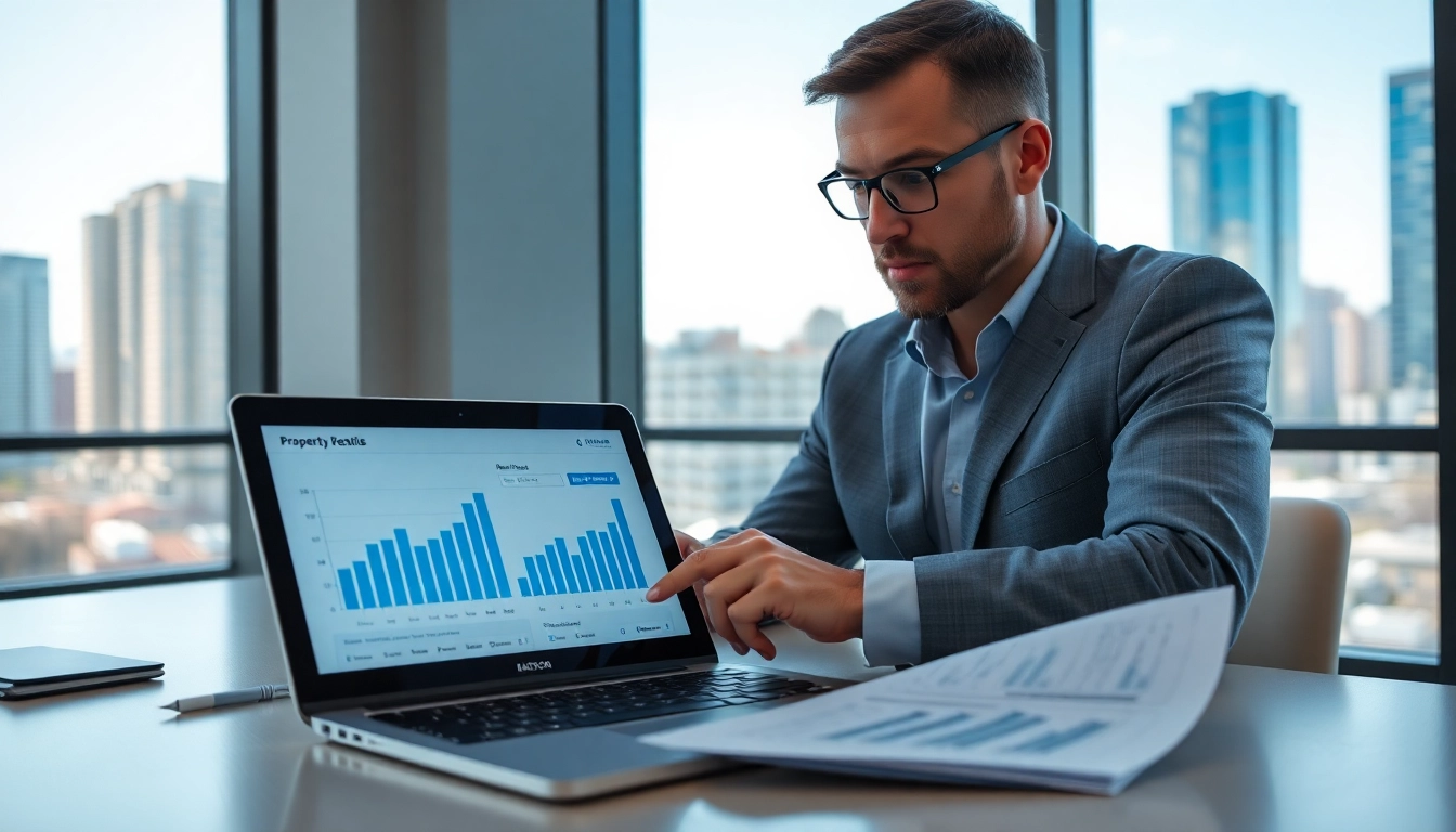 Investing in rental properties with an investor analyzing data in a modern office setting.