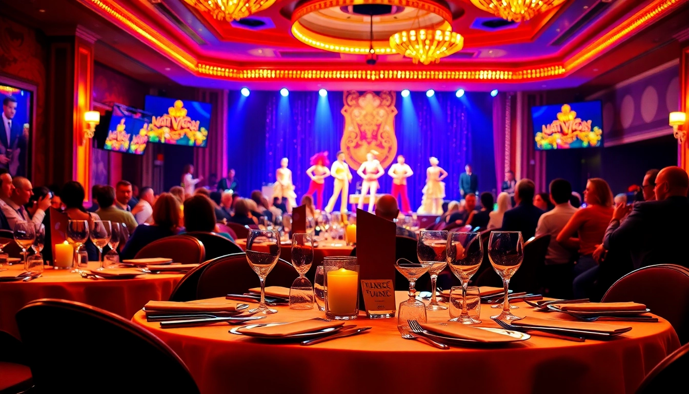 Guests enjoying a delightful evening at a las vegas dinner theater, highlighted by vivid performances.