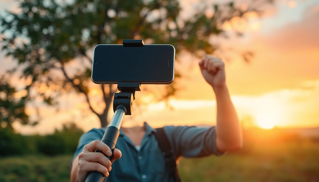 Take a selfie with a versatile and stylish selfie stick against a stunning sunset backdrop.