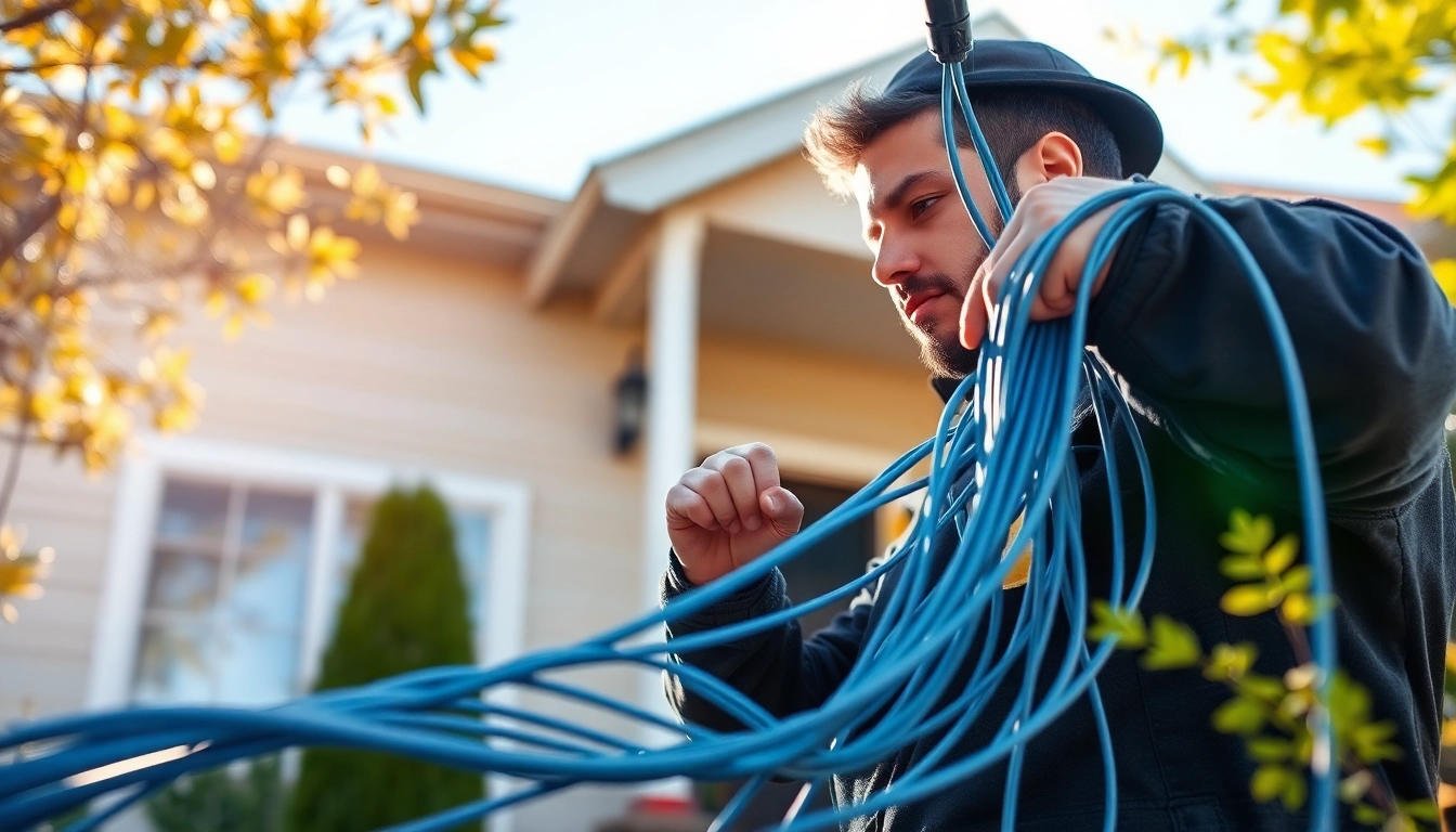 Showcasing fiber internet oakland installation with technician setting up in a residential area.