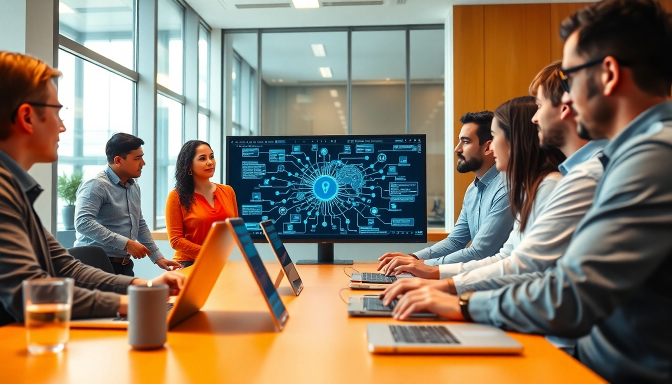 Cyber security fredericksburg team collaborating over digital networks in a high-tech office.