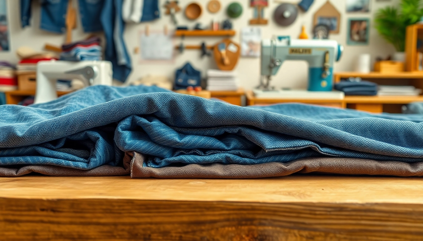 Showcase of jeans fabric manufacturers presenting various high-quality denim fabrics.