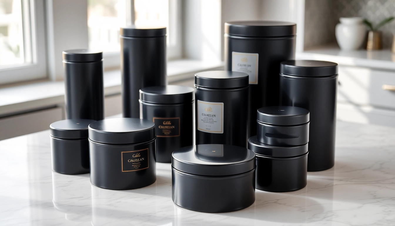 Black tins in diverse shapes showcase elegant designs and quality features for storage and presentation.