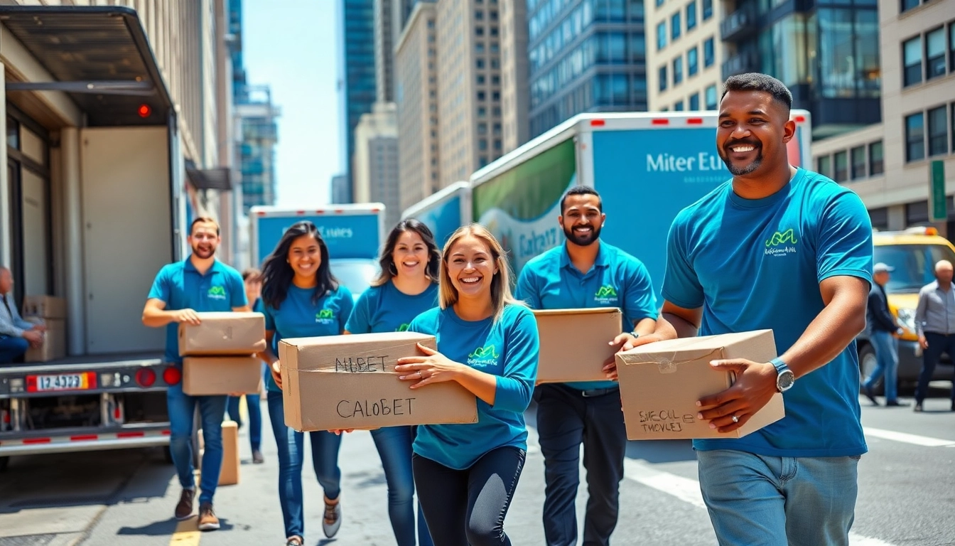 Movers Calgary team lifting boxes in a busy urban setting, showcasing professional service.