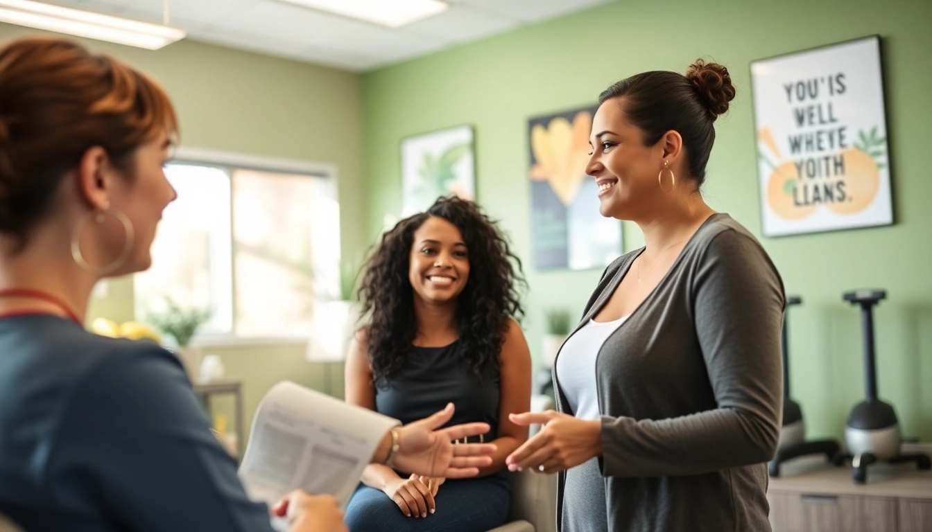 A thriving las vegas weight loss center showcasing a health coach and client discussing wellness goals.