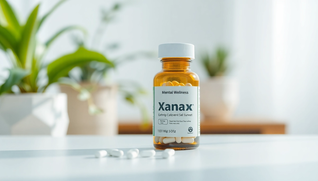 Xanax no prescription bottle on a clean surface surrounded by tranquil greenery.