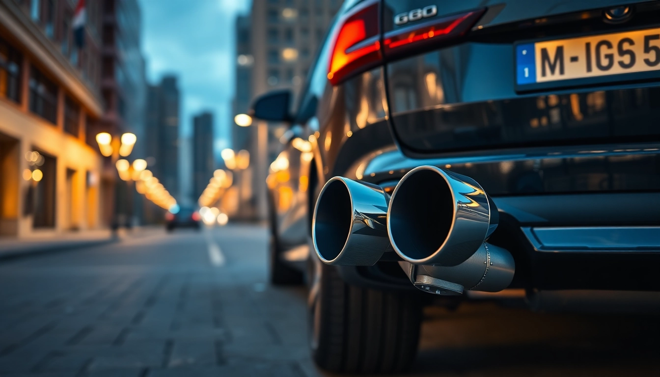 Showcase the G80 valved exhaust system in a polished stainless steel finish against a dynamic urban backdrop.
