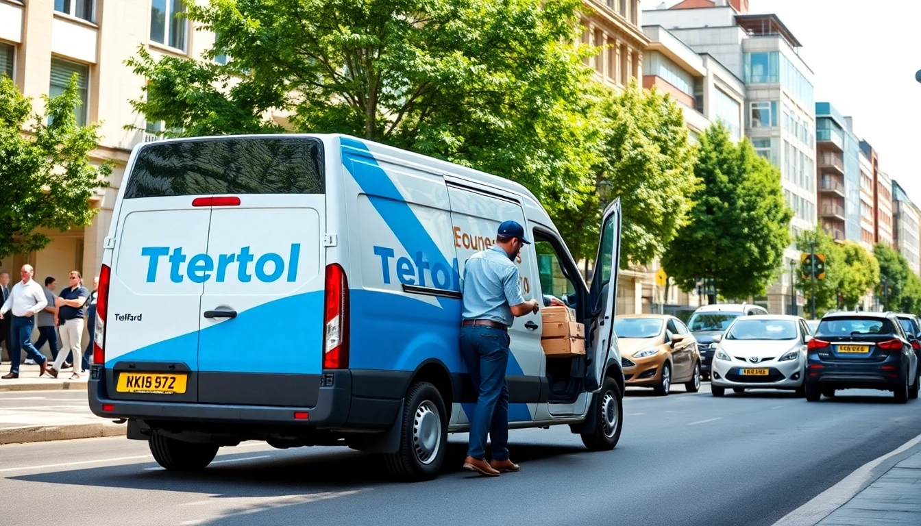 Efficient Telford courier loading packages into a branded vehicle on a vibrant city street.