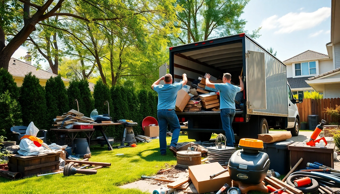 Efficient junk removal near me by a professional team clearing clutter from a residential backyard.