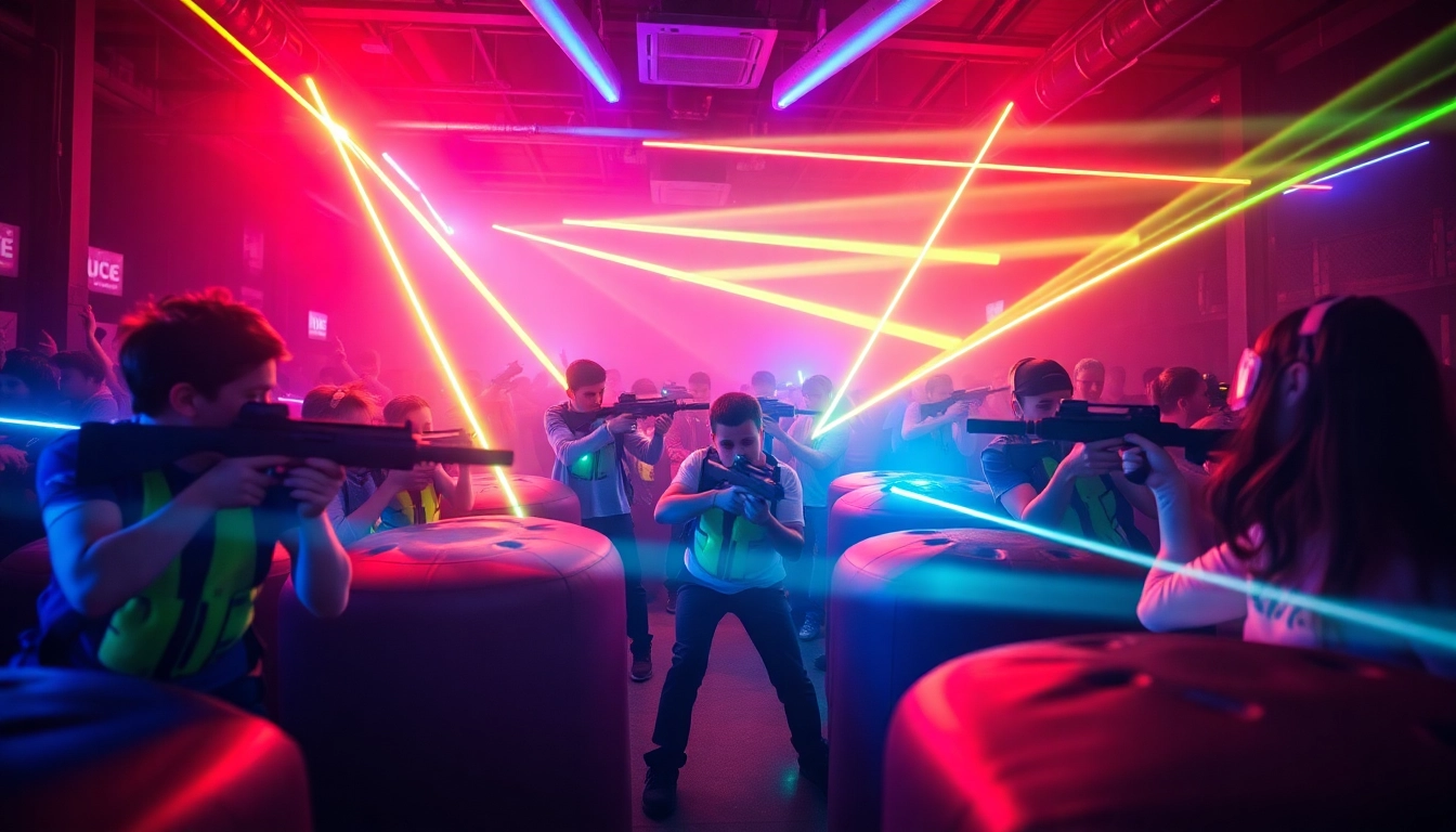 Engaging laser tag players in action amidst a neon-lit arena, showcasing competitive spirit.