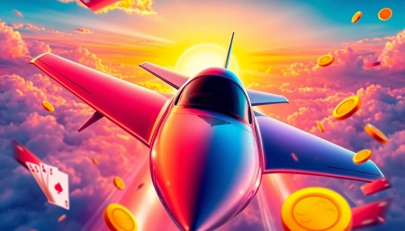 Engaging Aviator Fire85 casino game scene illustrating a jet's ascent surrounded by vibrant casino elements.