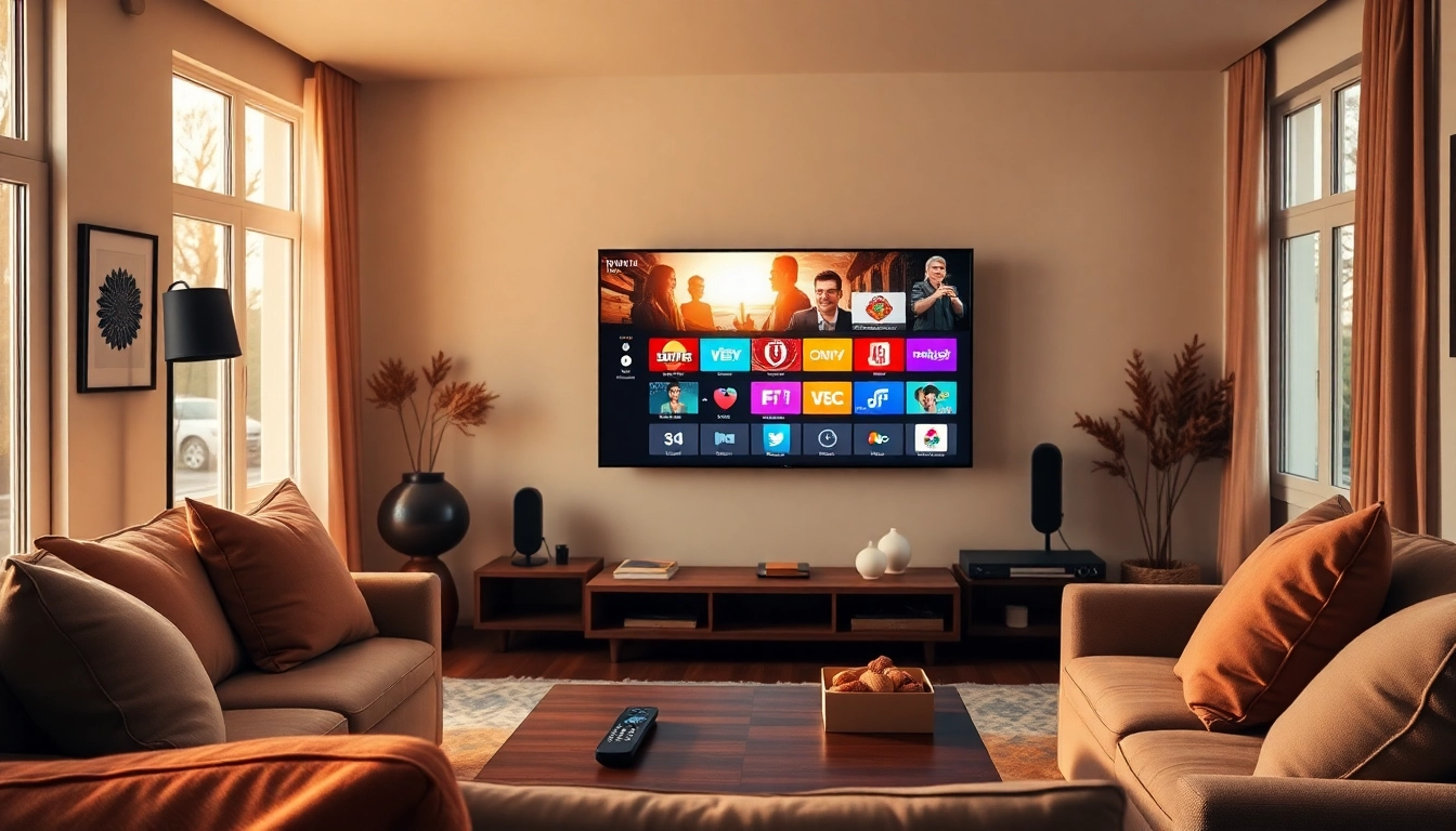 Comprar IPTV en un ambiente moderno y acogedor con televisión y sofá.