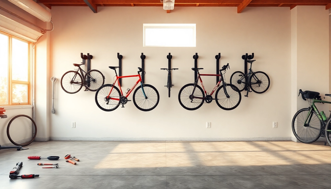 View of wall-mounted bike storage showcasing bikes neatly arranged in a well-organized garage.