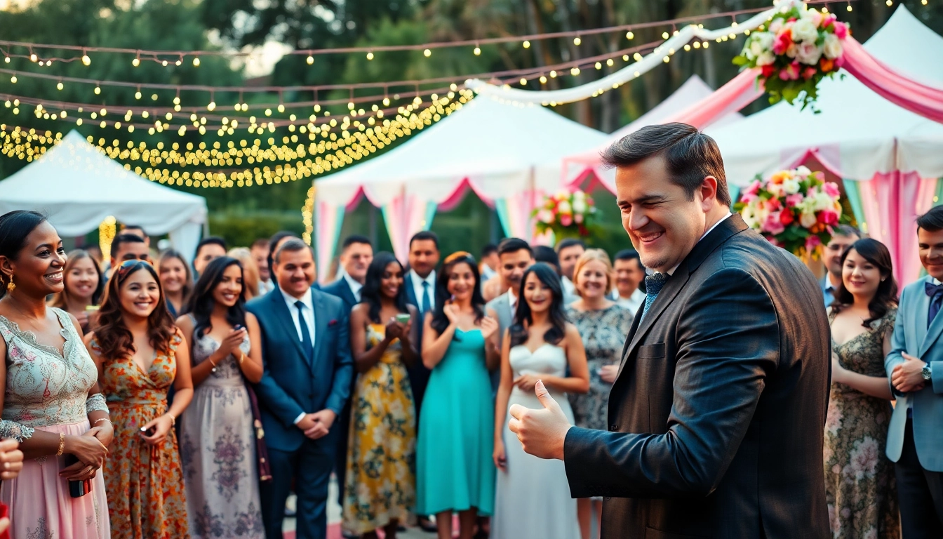 Guests enjoying lively wedding entertainment with a magician captivating the crowd.