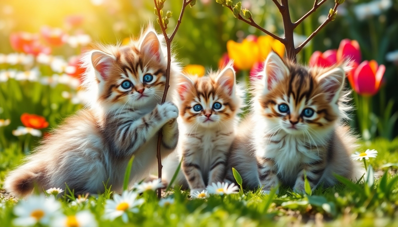 Adorable Maine Coon kittens for sale playing in a sunlit garden surrounded by flowers.