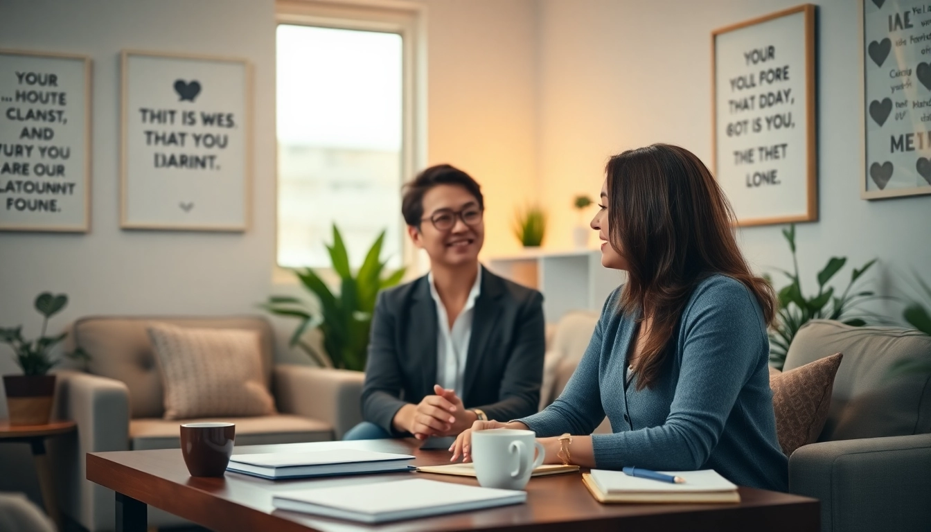 Empathetic relationship coach engaging with clients in a welcoming office environment.
