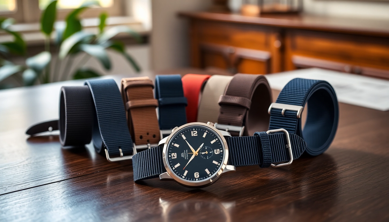 Showcase of NATO straps UK showcasing diverse styles and textures alongside a vintage watch.